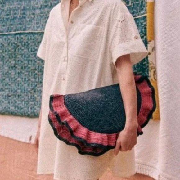 Sezane Bags Sezane Pouchette Milaraffia Straw Clutch Oversized Bag